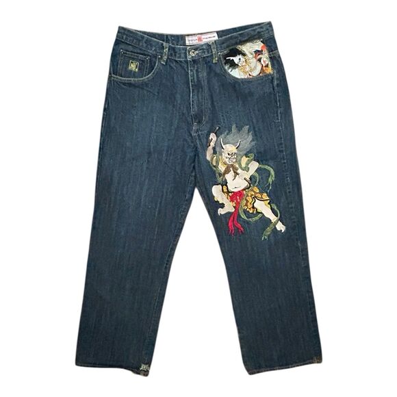 Kanji Premium Embroidered Oni Warrior Jeans Size 36 (Actual 34x30) Lot 0460 - Picture 1 of 12